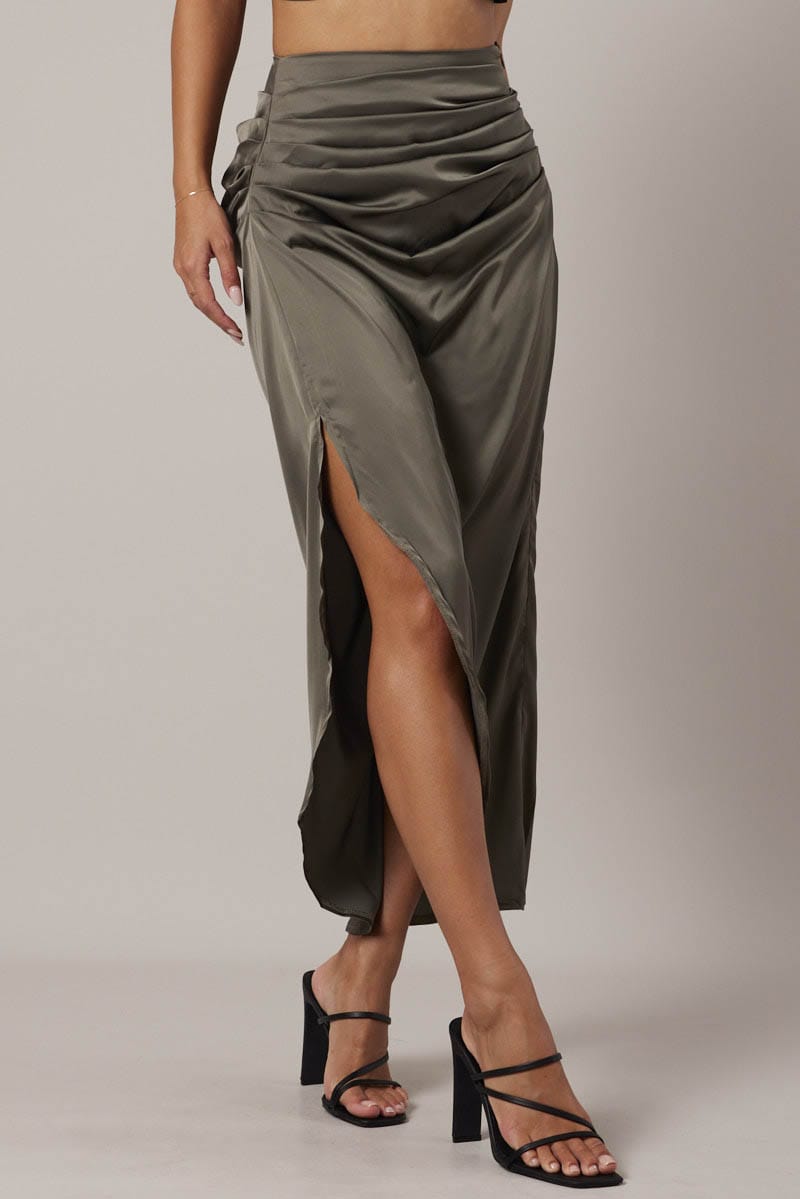 Green Ruched Maxi Skirt Draped Satin Skirt for Ally Fashion