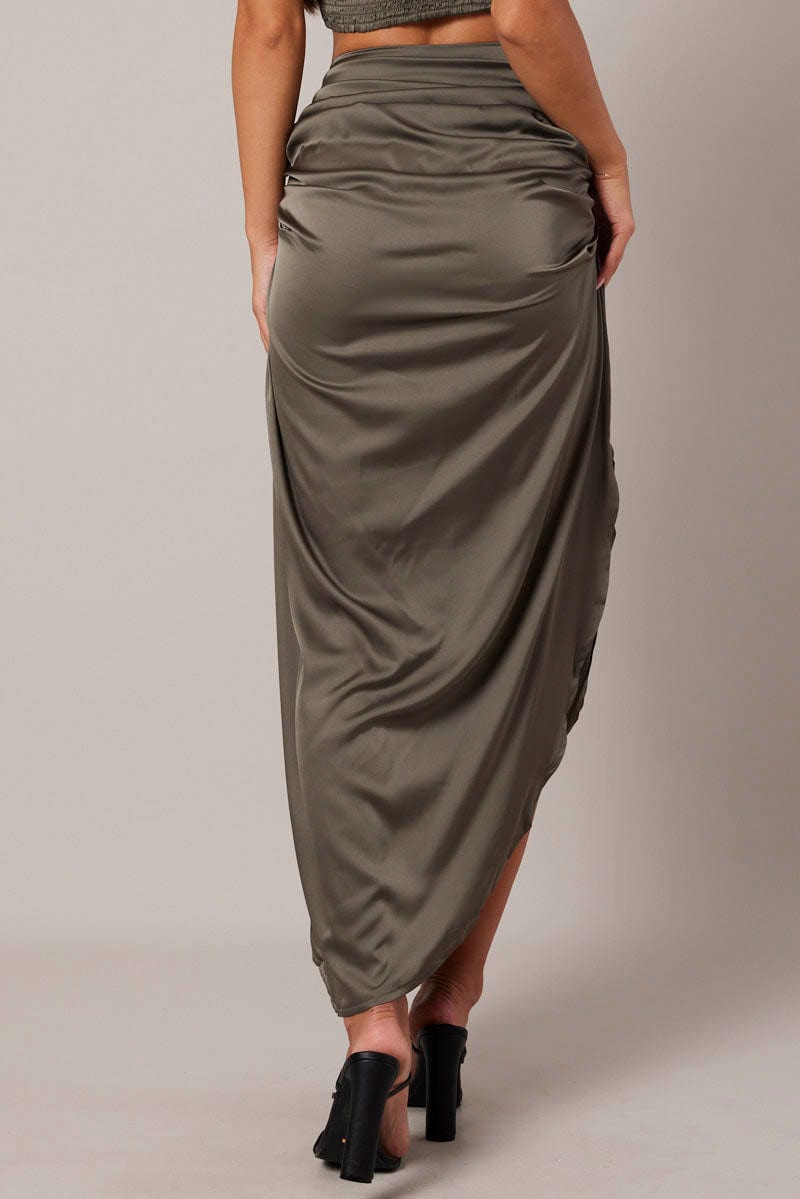 Green Ruched Maxi Skirt Draped Satin Skirt for Ally Fashion