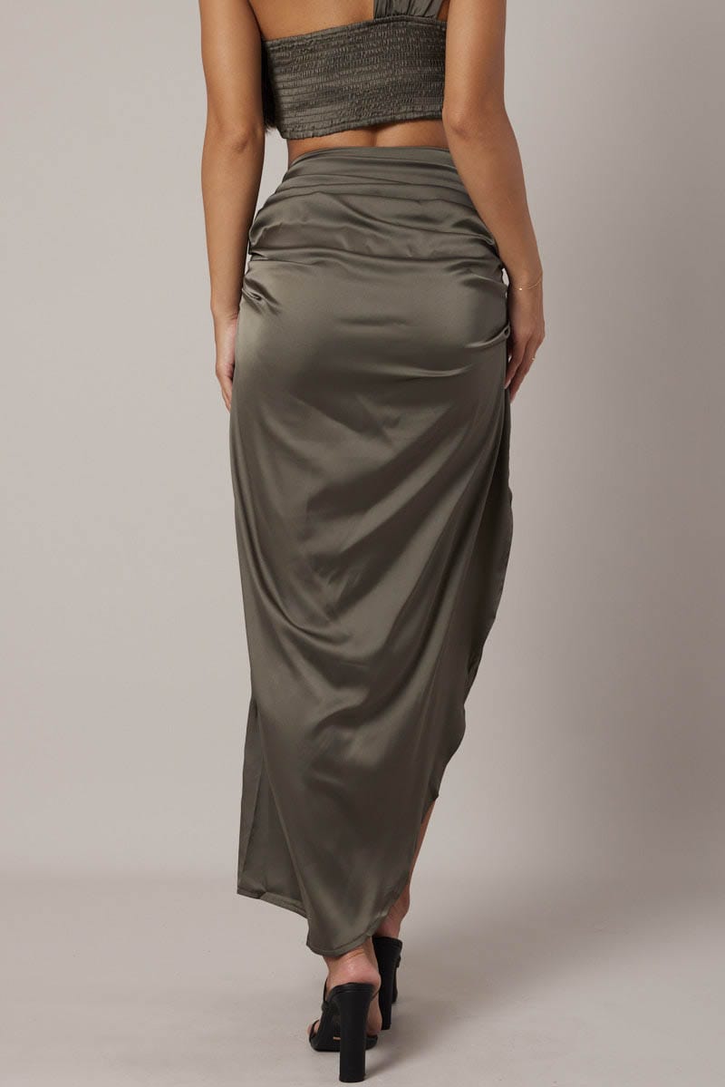 Green Ruched Maxi Skirt Draped Satin Skirt for Ally Fashion