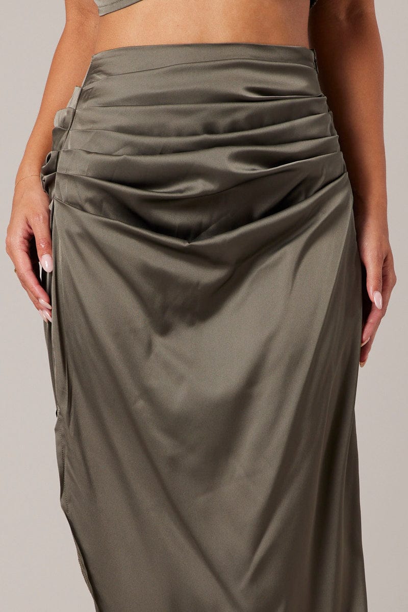 Green Ruched Maxi Skirt Draped Satin Skirt for Ally Fashion