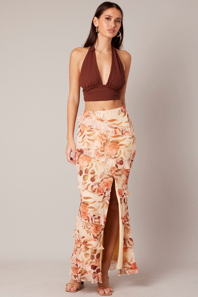 Beige Floral Ruffle Tiered Side Split Maxi Skirt for Ally Fashion
