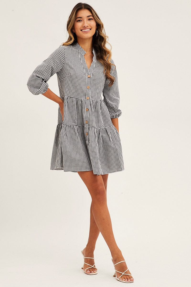 SKATER DRESS Black Check Gingham Button Front Skater Dress for Women by Ally