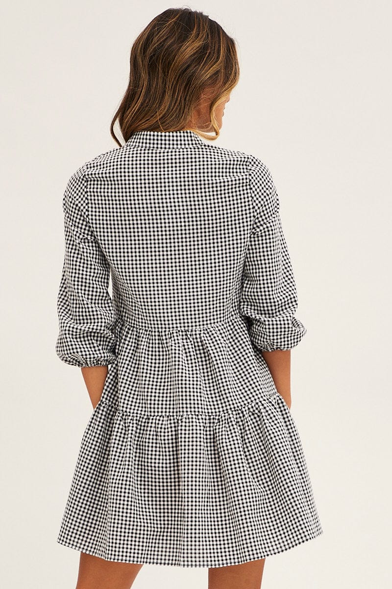 SKATER DRESS Black Check Gingham Button Front Skater Dress for Women by Ally