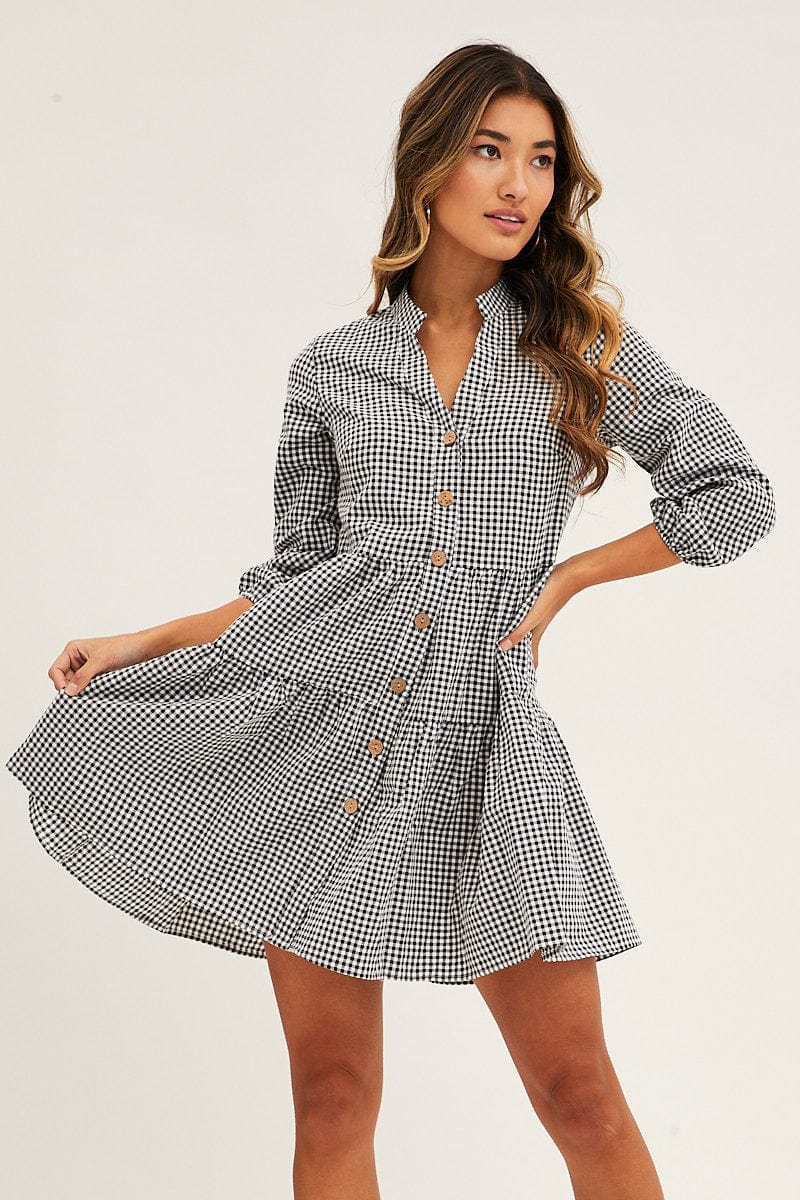 SKATER DRESS Black Check Gingham Button Front Skater Dress for Women by Ally
