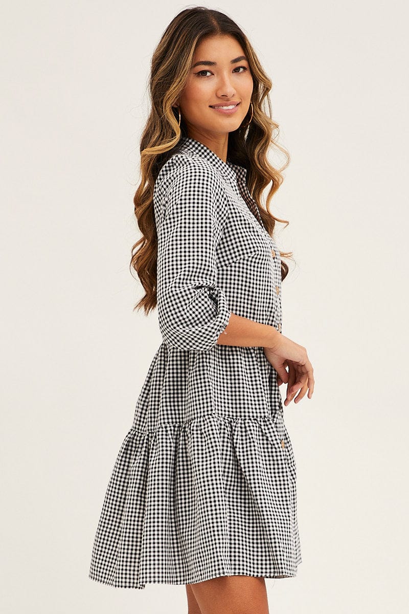 SKATER DRESS Black Check Gingham Button Front Skater Dress for Women by Ally