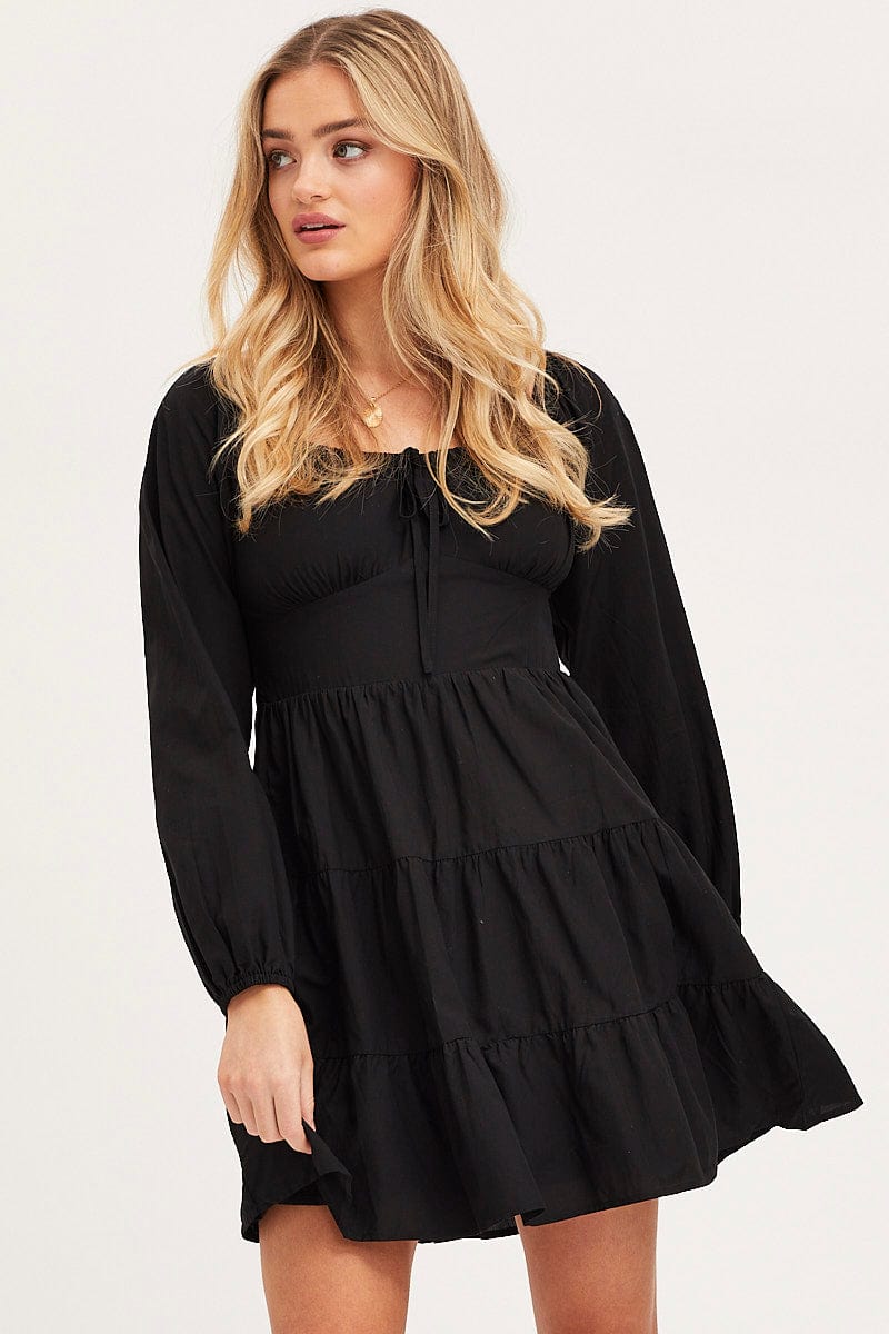 Women’s Black Fit And Flare Dress Long Sleeve Square Neck | Ally Fashion