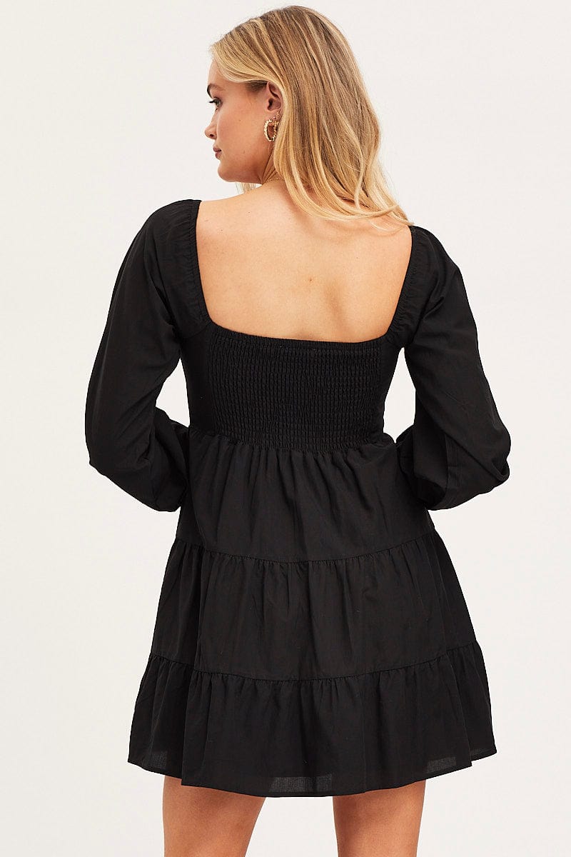 SKATER DRESS Black Fit And Flare Dress Long Sleeve Square Neck for Women by Ally