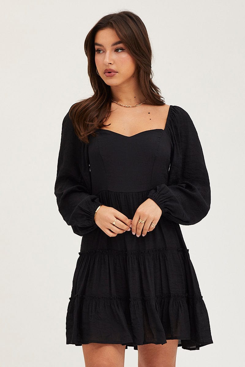 fit and flare black dress with sleeves