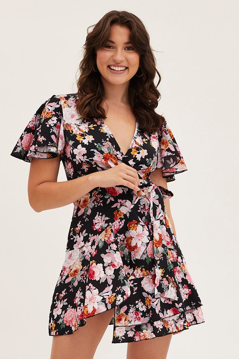 SKATER DRESS Black Floral Wrap Mini Dress for Women by Ally