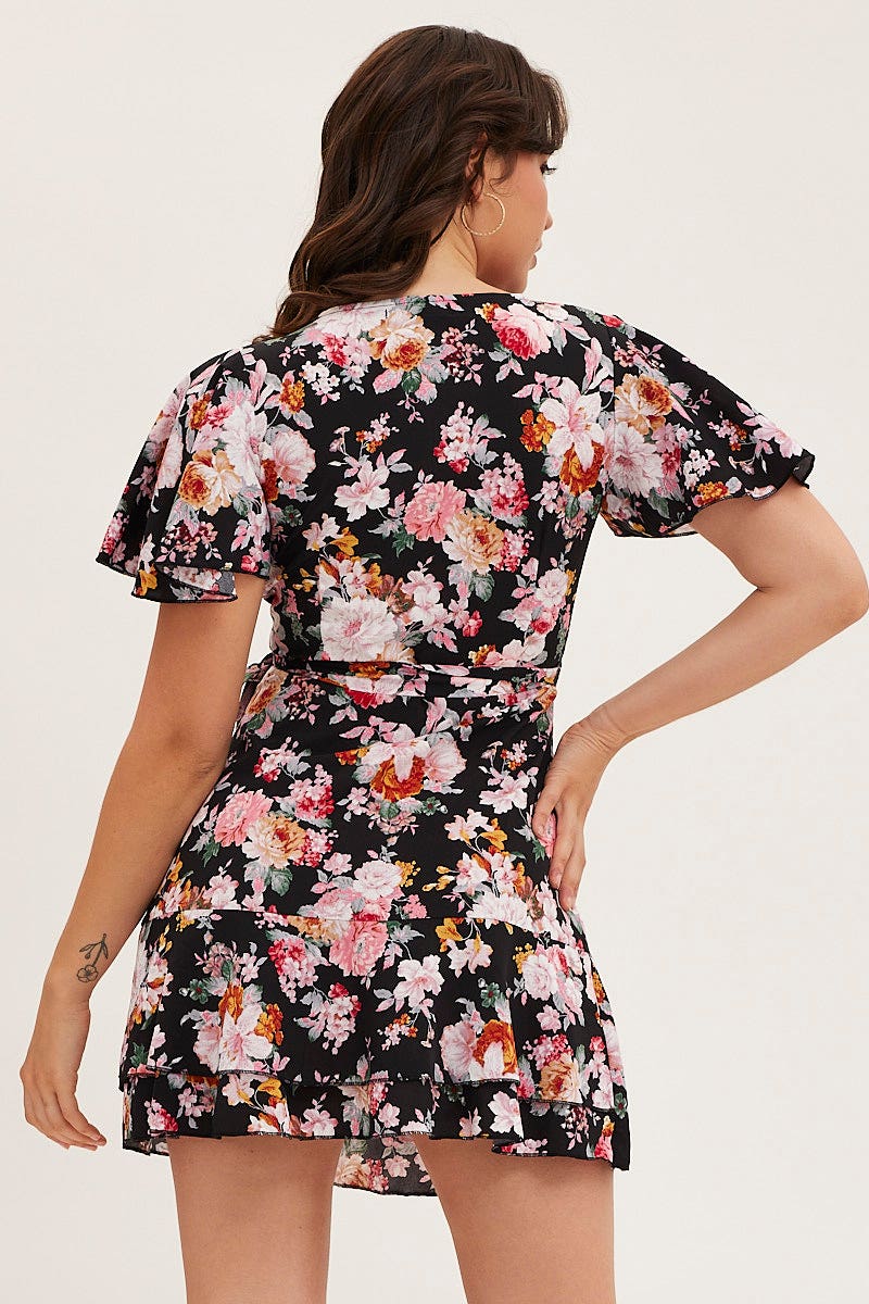 SKATER DRESS Black Floral Wrap Mini Dress for Women by Ally