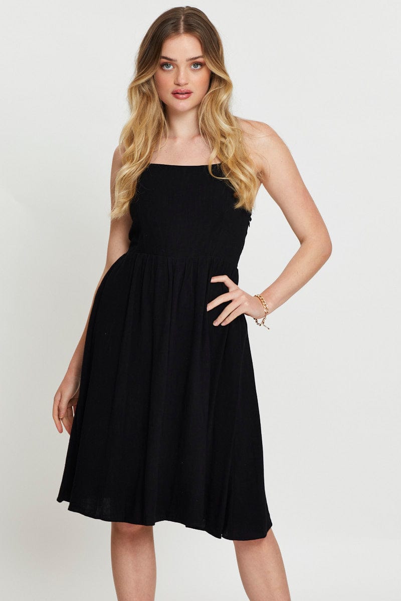 SKATER DRESS Black Midi Dress Linen for Women by Ally