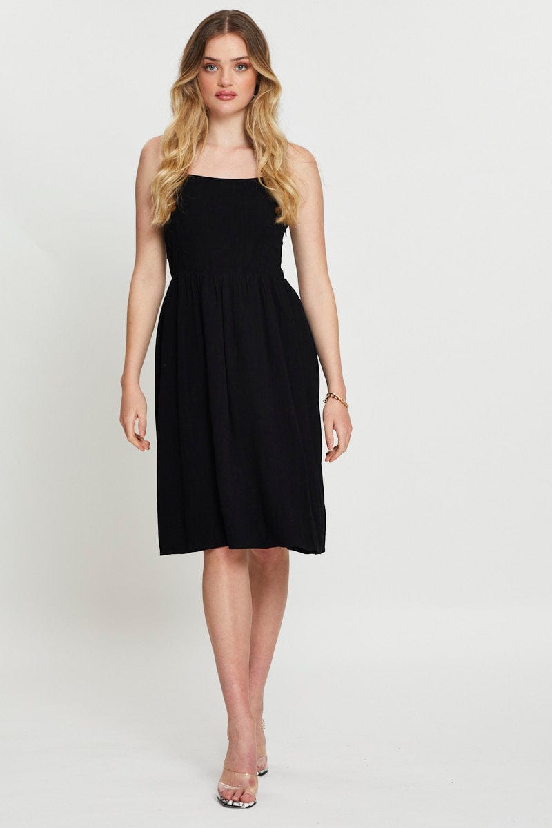 SKATER DRESS Black Midi Dress Linen for Women by Ally