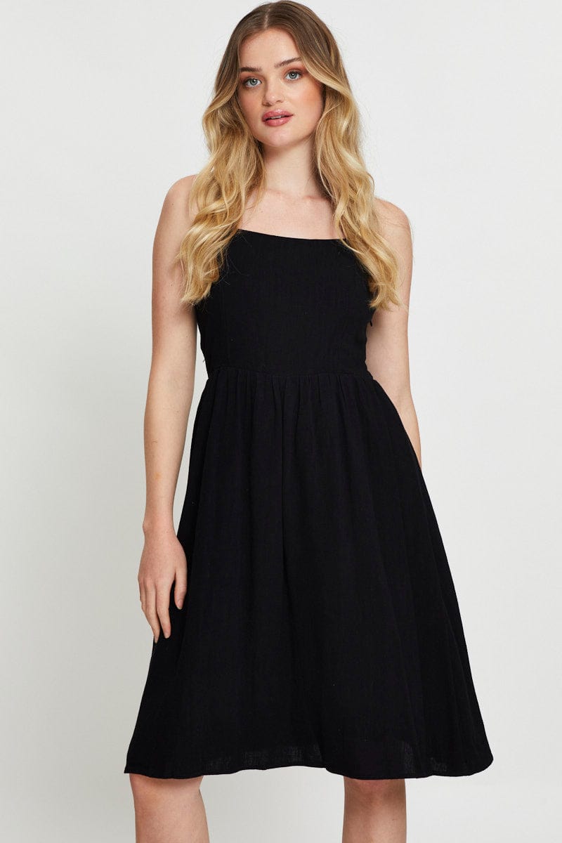 SKATER DRESS Black Midi Dress Linen for Women by Ally