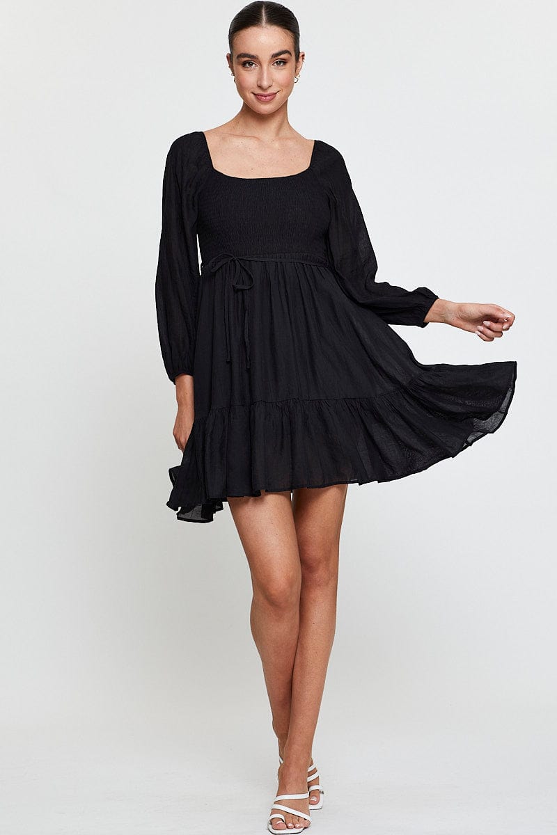 SKATER DRESS Black Mini Dress Long Sleeve Square Neck for Women by Ally