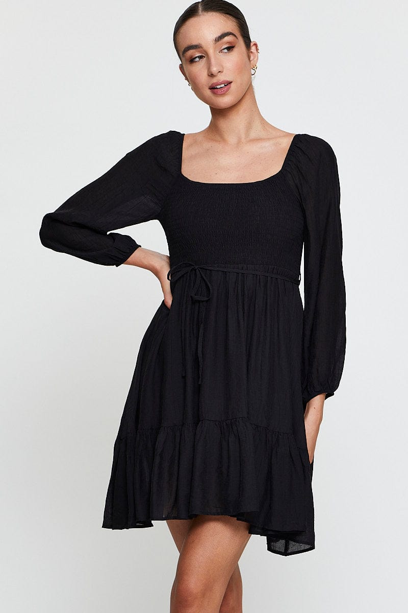 Women's Black Mini Dress Long Sleeve Square Neck | Ally Fashion Women's Black Mini Dress Long Sleeve Square Neck | Ally Fashion
