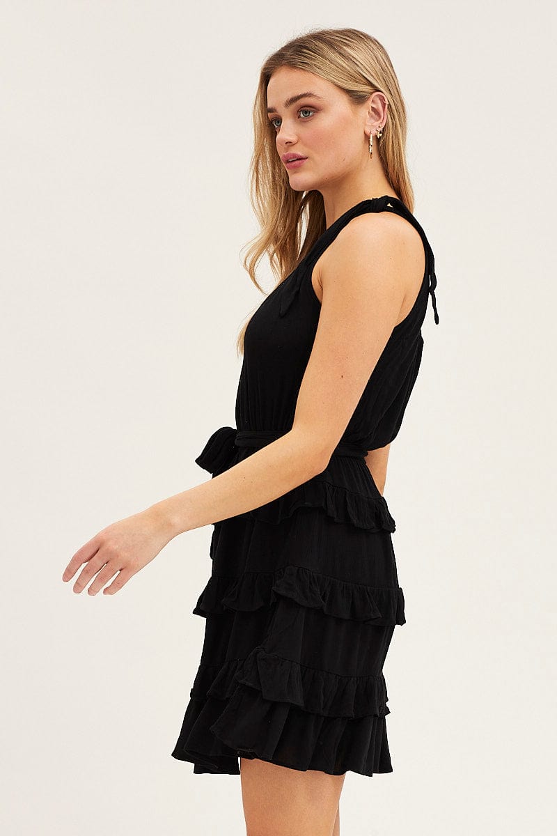 SKATER DRESS Black Mini Dress One Shoulder Sleeveless for Women by Ally