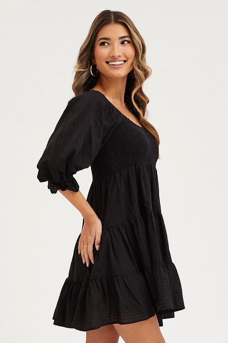 SKATER DRESS Black Mini Dress Round Neck for Women by Ally