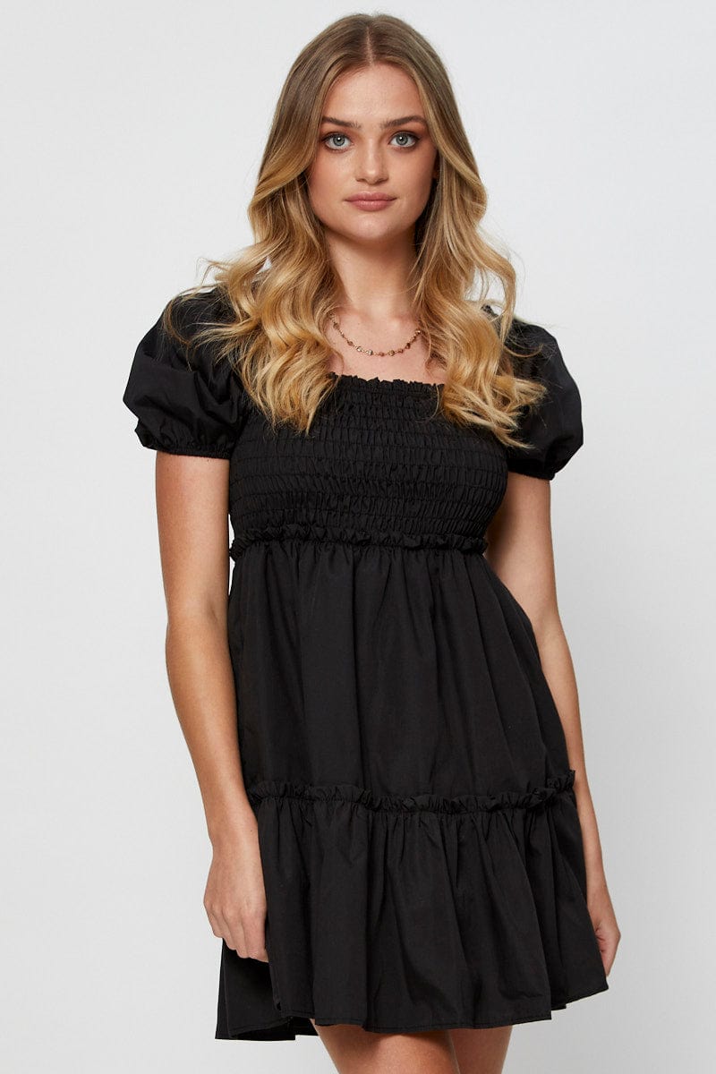 SKATER DRESS Black Mini Dress Short Sleeve Square Neck for Women by Ally