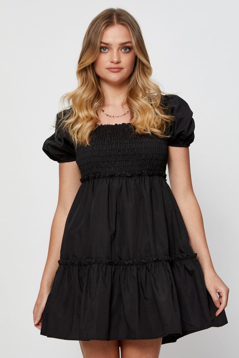 SKATER DRESS Black Mini Dress Short Sleeve Square Neck for Women by Ally