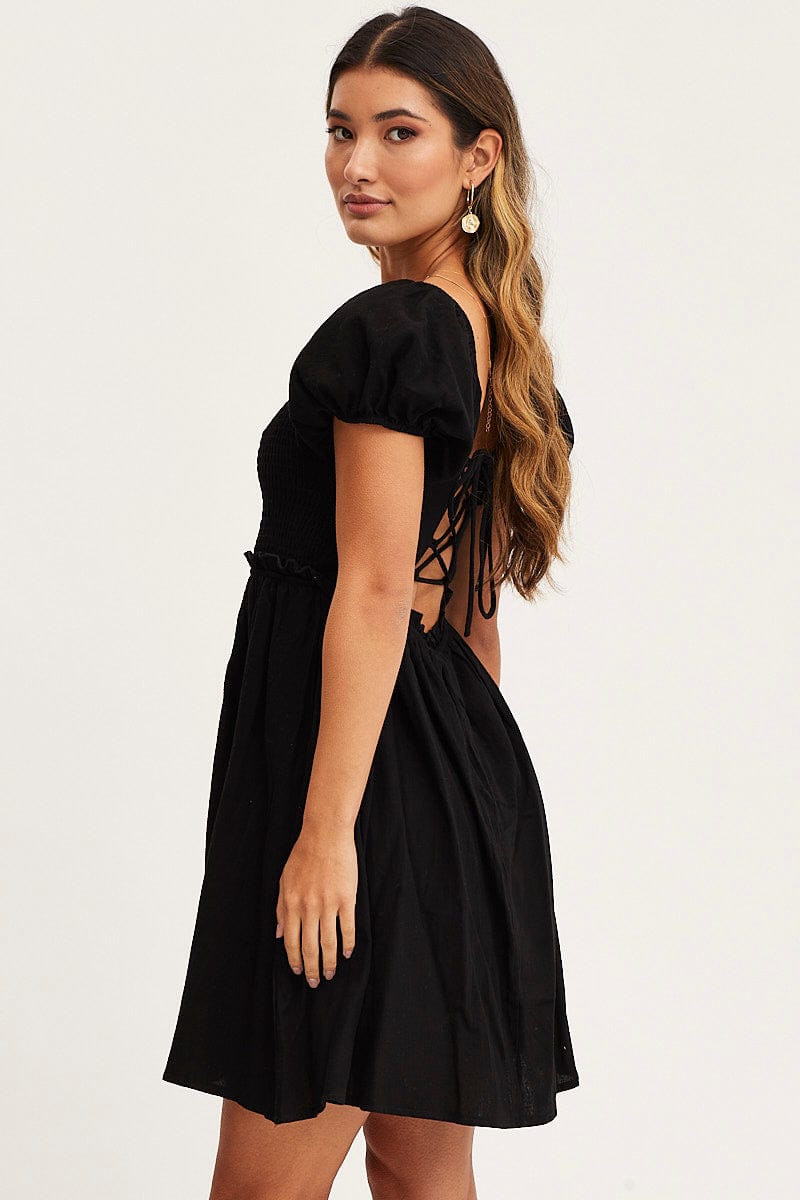 SKATER DRESS Black Mini Dress Short Sleeve Square Neck for Women by Ally