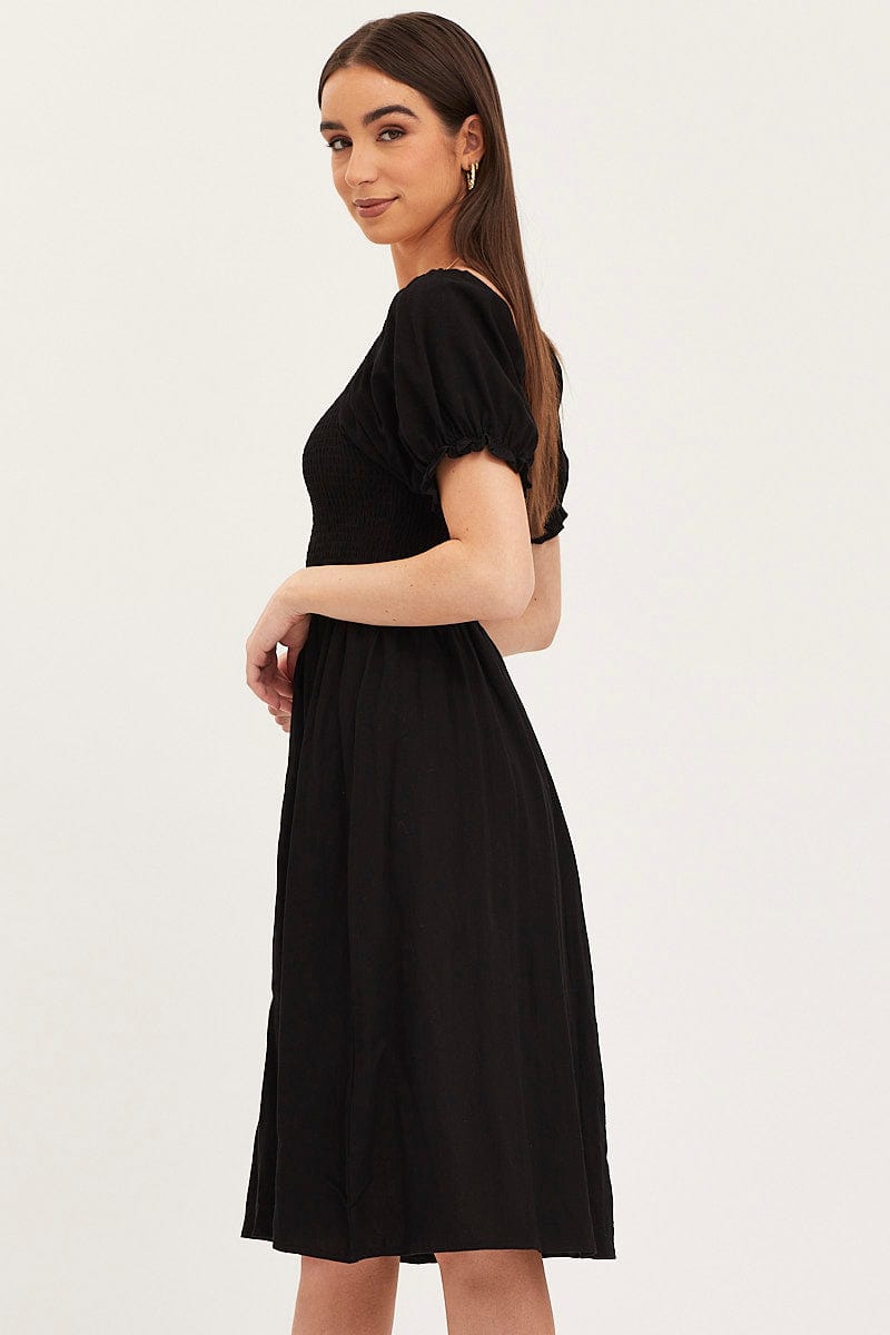 SKATER DRESS Black Mini Dress Short Sleeve Square Neck for Women by Ally