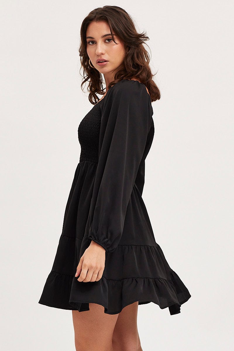 SKATER DRESS Black Shirred Dress Long Sleeve Mini for Women by Ally