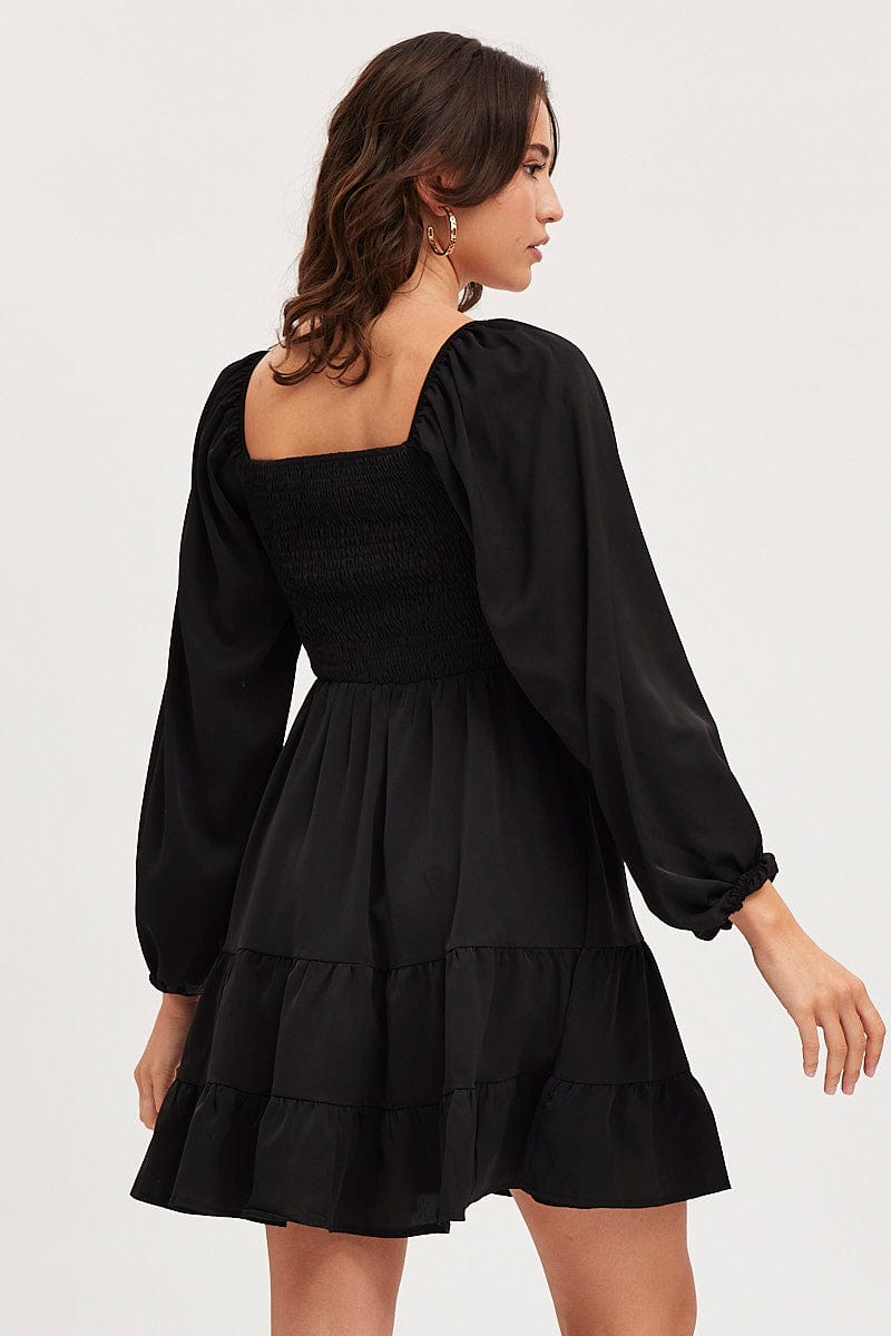 Women’s Black Shirred Dress Long Sleeve Mini | Ally Fashion