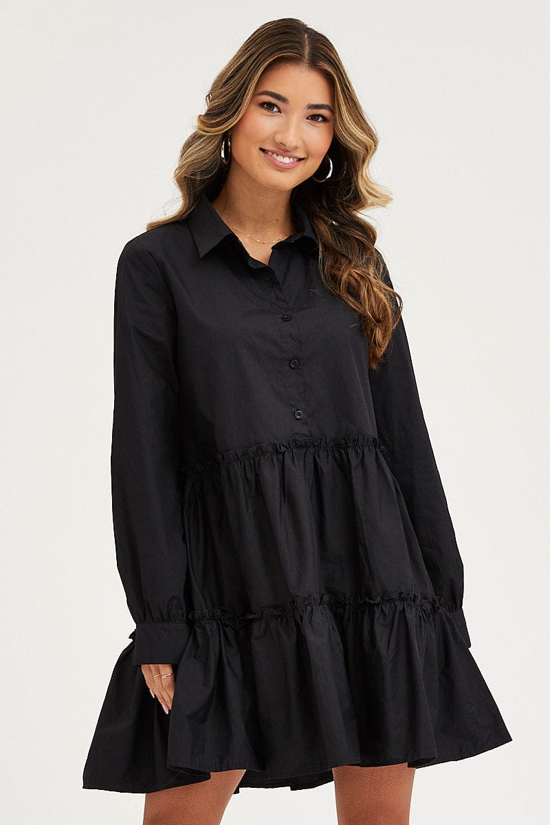 SKATER DRESS Black Shirt Dress Long Sleeve Mini for Women by Ally