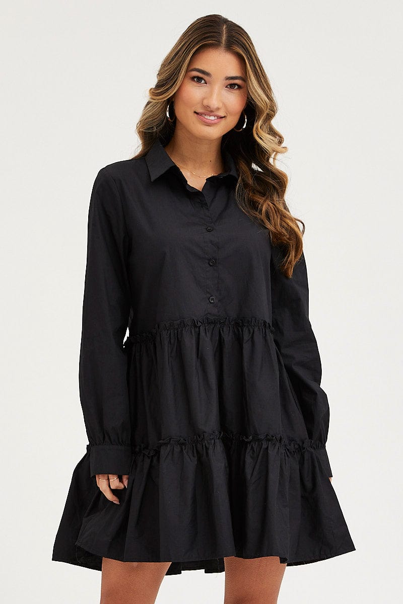 SKATER DRESS Black Shirt Dress Long Sleeve Mini for Women by Ally