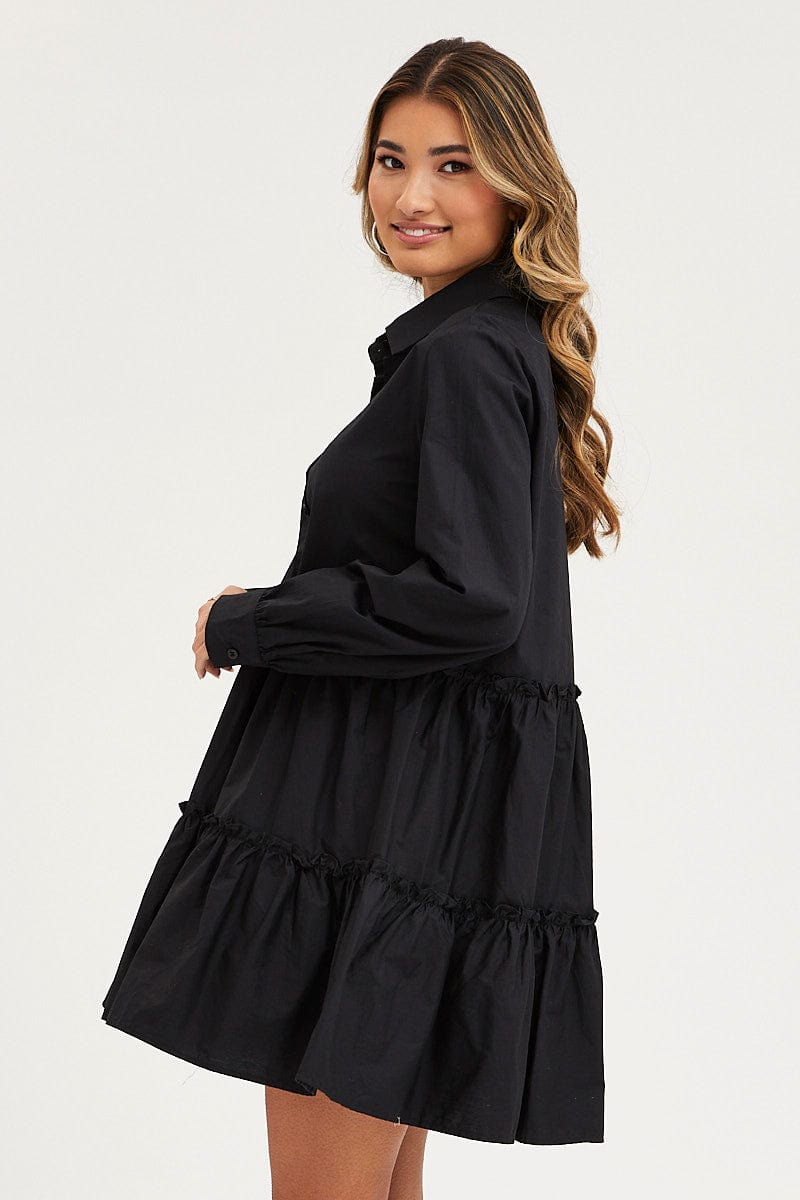 SKATER DRESS Black Shirt Dress Long Sleeve Mini for Women by Ally