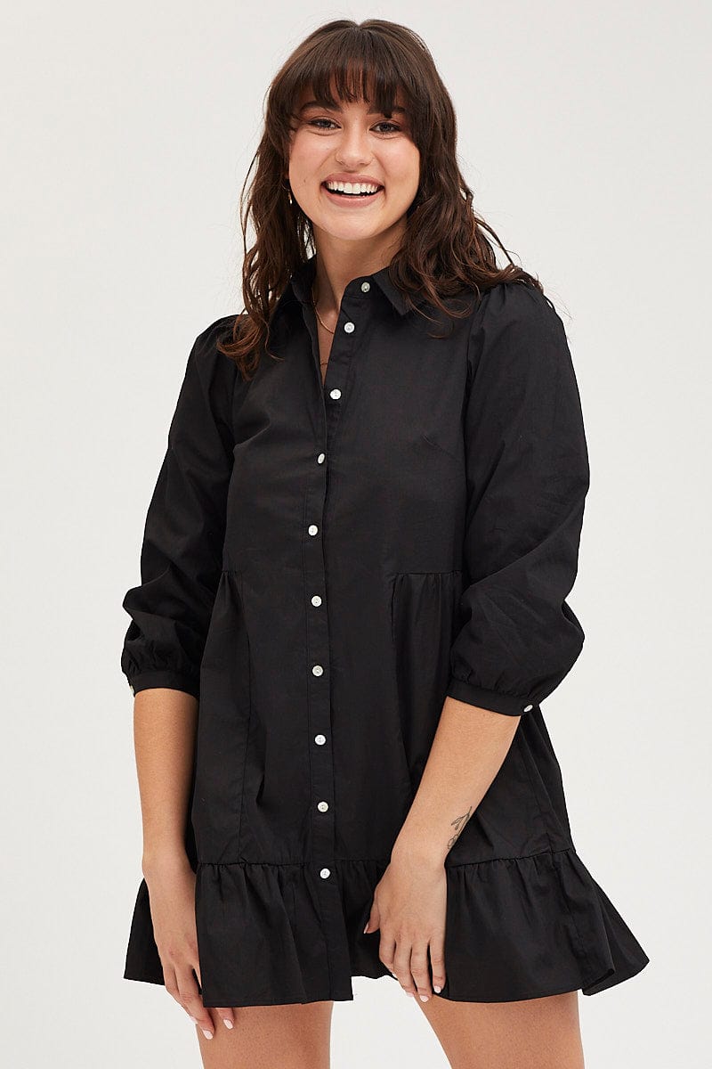 Women's Black Shirt Dress Long Sleeve Mini High Neck | Ally Fashion Women's Black Shirt Dress Long Sleeve Mini High Neck | Ally Fashion