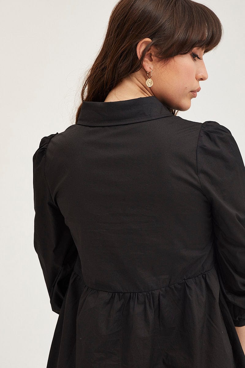 SKATER DRESS Black Shirt Dress Long Sleeve Mini High Neck for Women by Ally