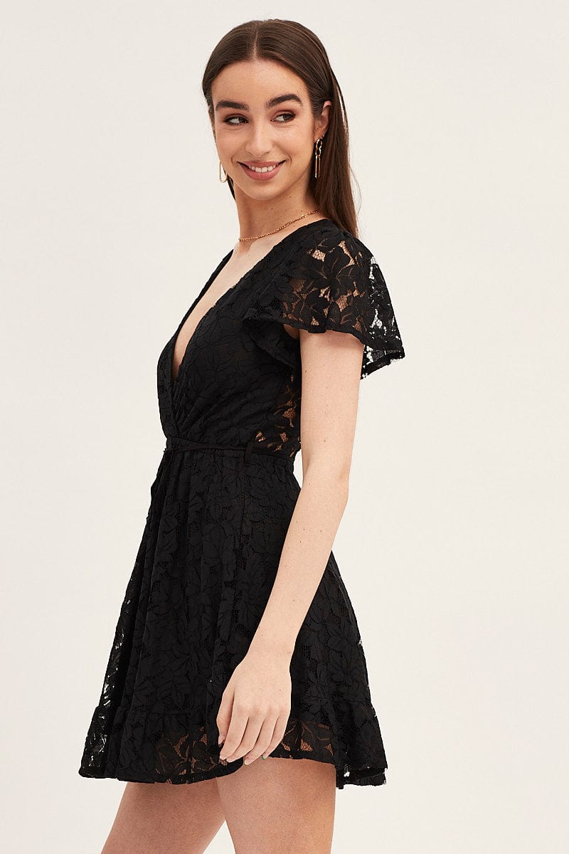 Women's Black Short Sleeve Lace Wrap Front Skater Dress | Ally Fashion Women's Black Short Sleeve Lace Wrap Front Skater Dress | Ally Fashion