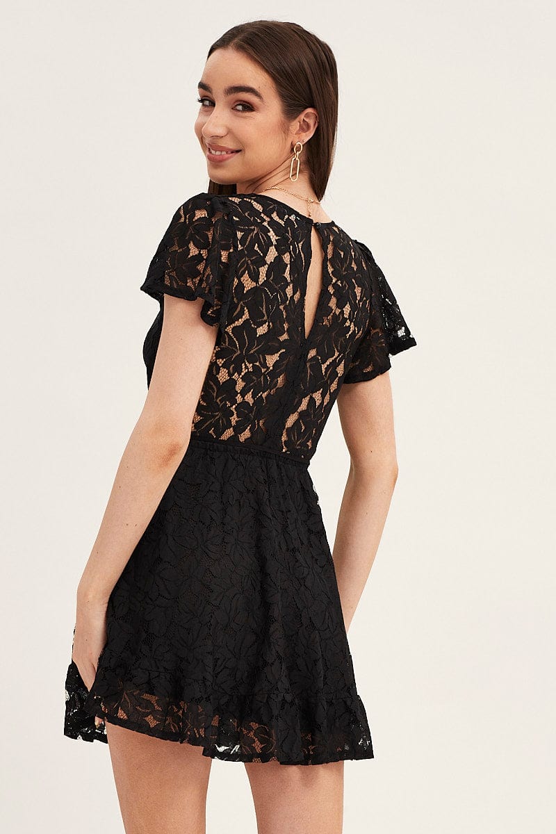 Women's Black Short Sleeve Lace Wrap Front Skater Dress | Ally Fashion Women's Black Short Sleeve Lace Wrap Front Skater Dress | Ally Fashion