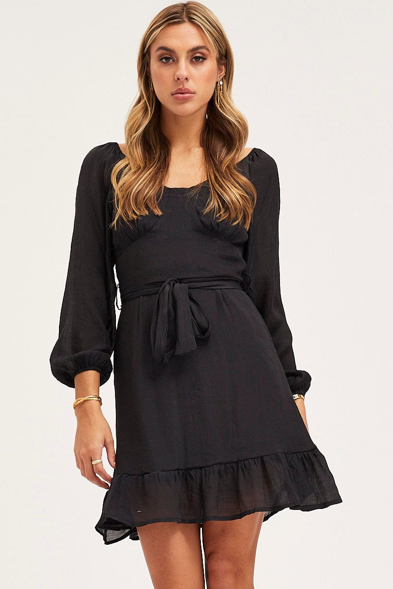 SKATER DRESS Black Skater Dress Long Sleeve Mini Ruffle for Women by Ally