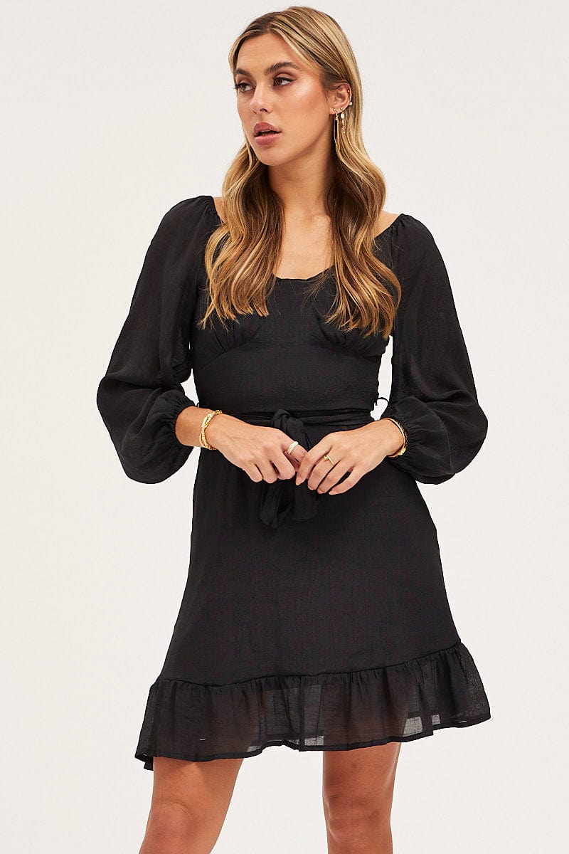 SKATER DRESS Black Skater Dress Long Sleeve Mini Ruffle for Women by Ally