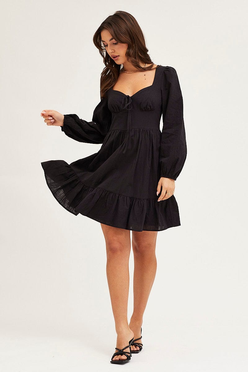 SKATER DRESS Black Skater Dress Puff Sleeve Mini for Women by Ally