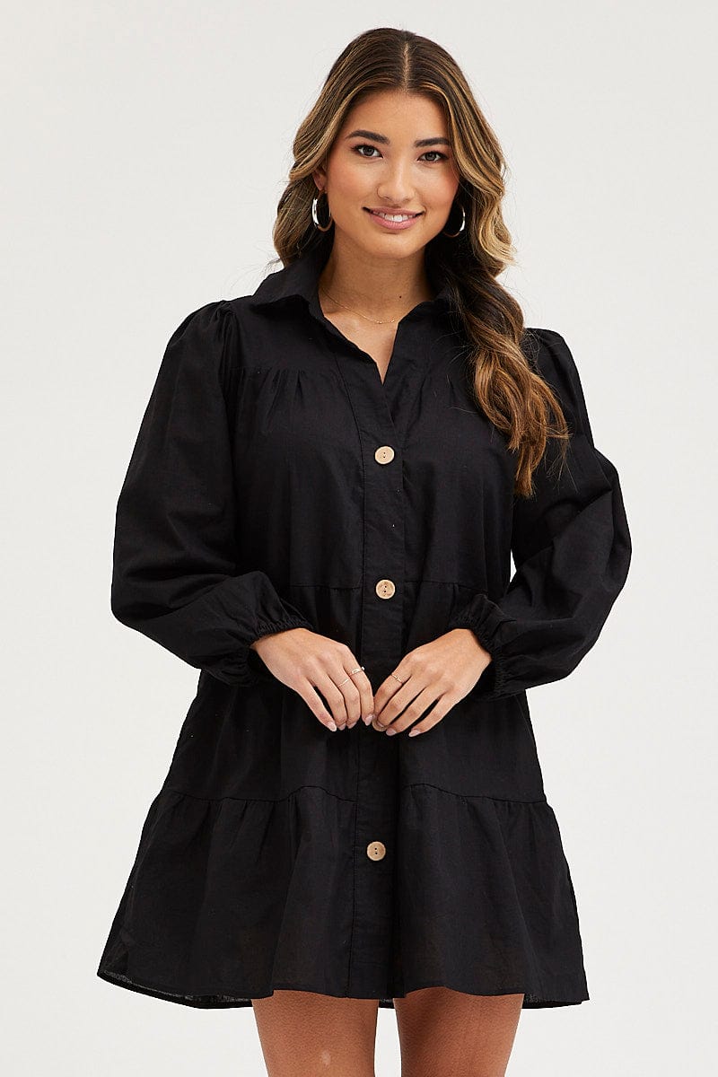 SKATER DRESS Black Tiered Dress Long Sleeve Mini for Women by Ally