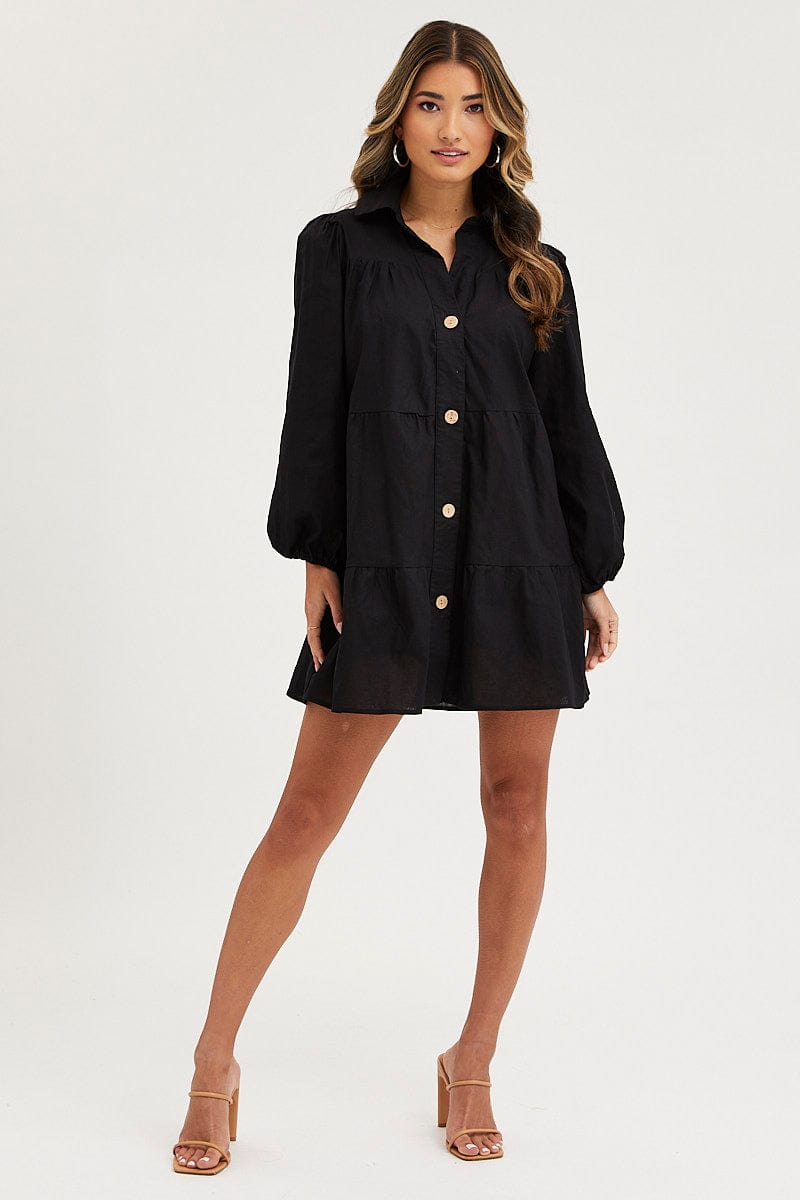 SKATER DRESS Black Tiered Dress Long Sleeve Mini for Women by Ally