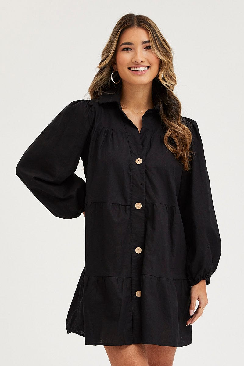 SKATER DRESS Black Tiered Dress Long Sleeve Mini for Women by Ally