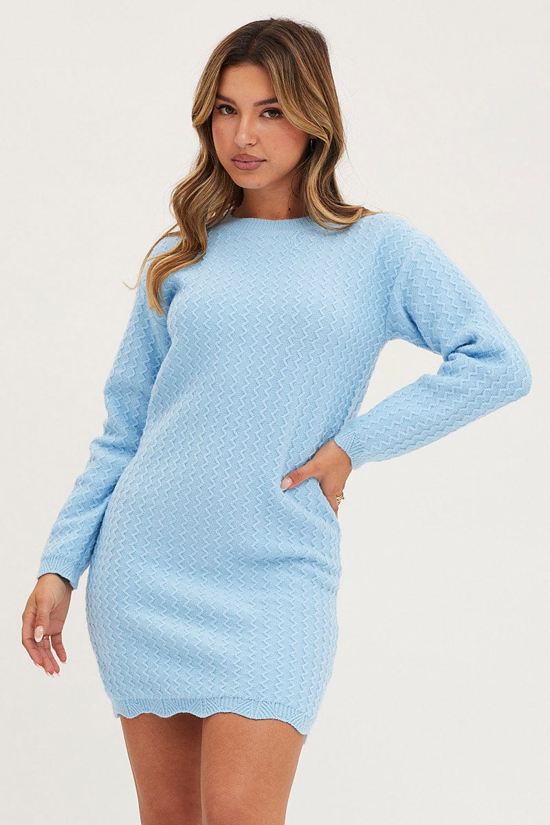 SKATER DRESS Blue Dress Long Sleeve Mini Knit for Women by Ally