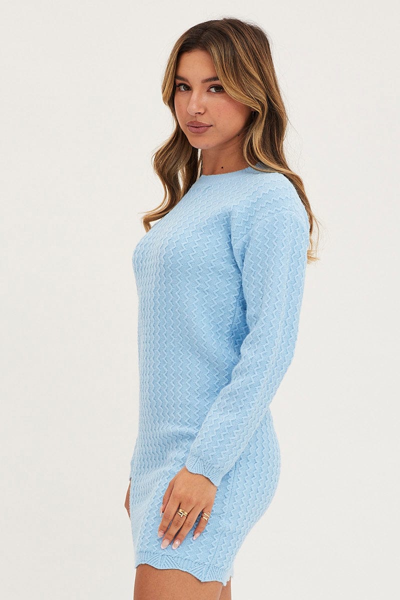 SKATER DRESS Blue Dress Long Sleeve Mini Knit for Women by Ally