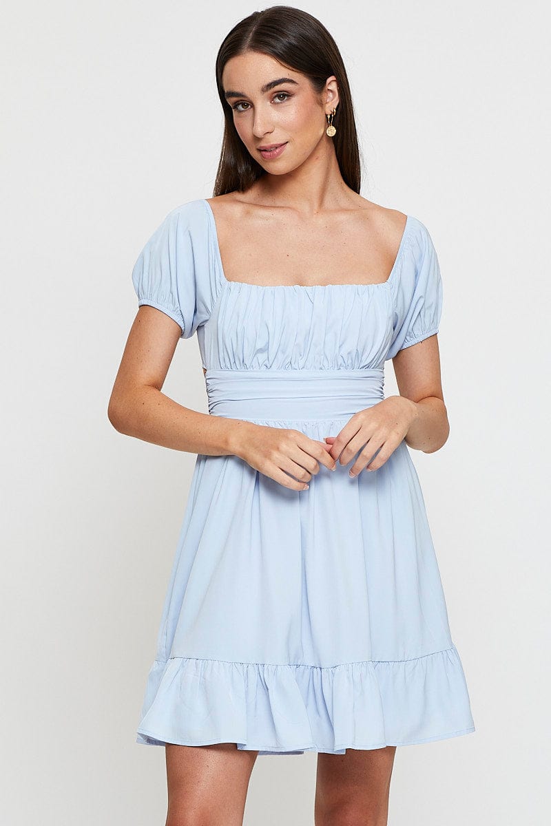 SKATER DRESS Blue Fit And Flare Dress Short Sleeve Square Neck for Women by Ally