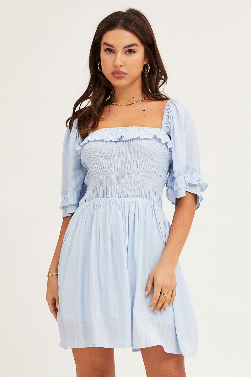 SKATER DRESS Blue Mini Dress Short Sleeve for Women by Ally