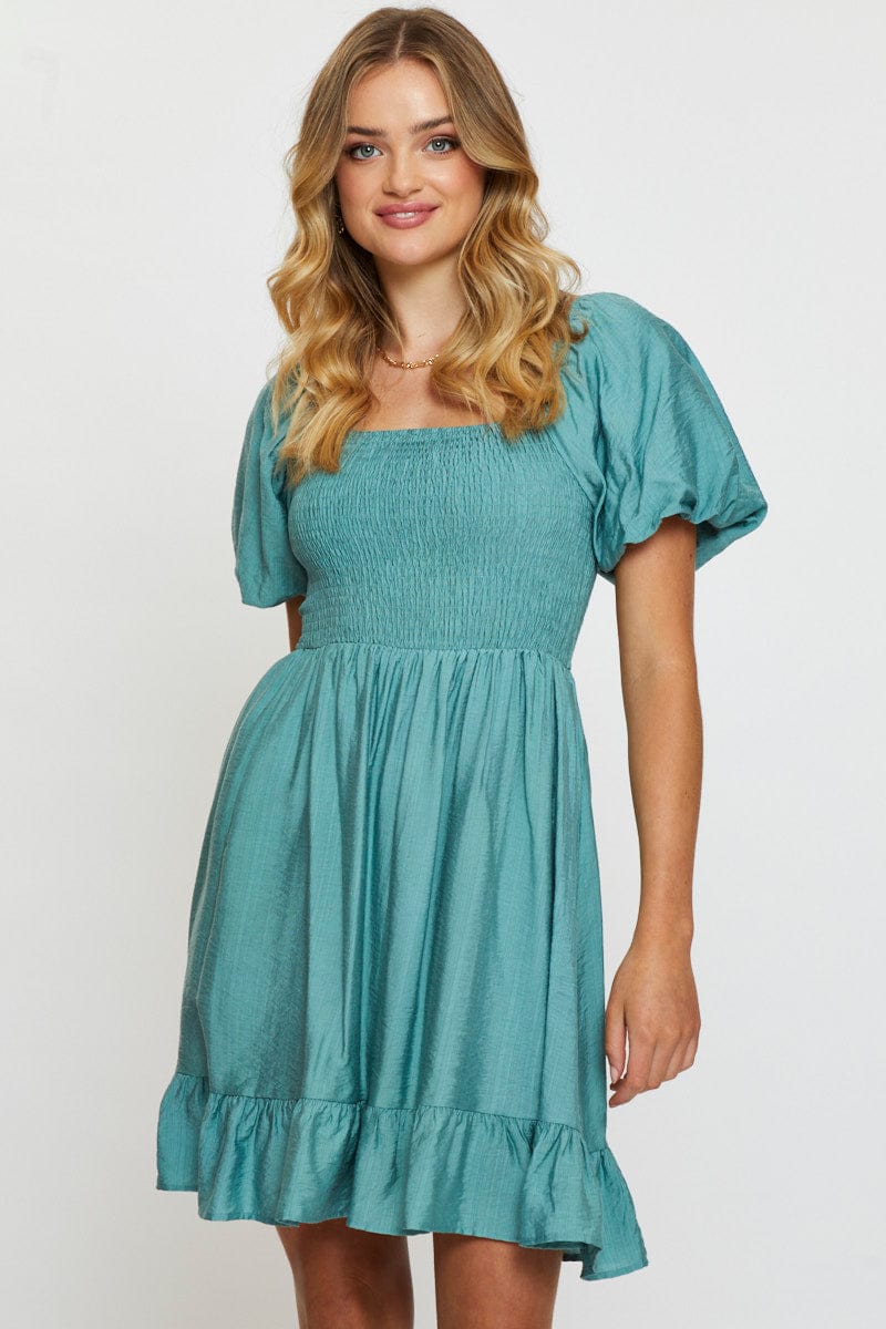 SKATER DRESS Blue Mini Dress Short Sleeve for Women by Ally