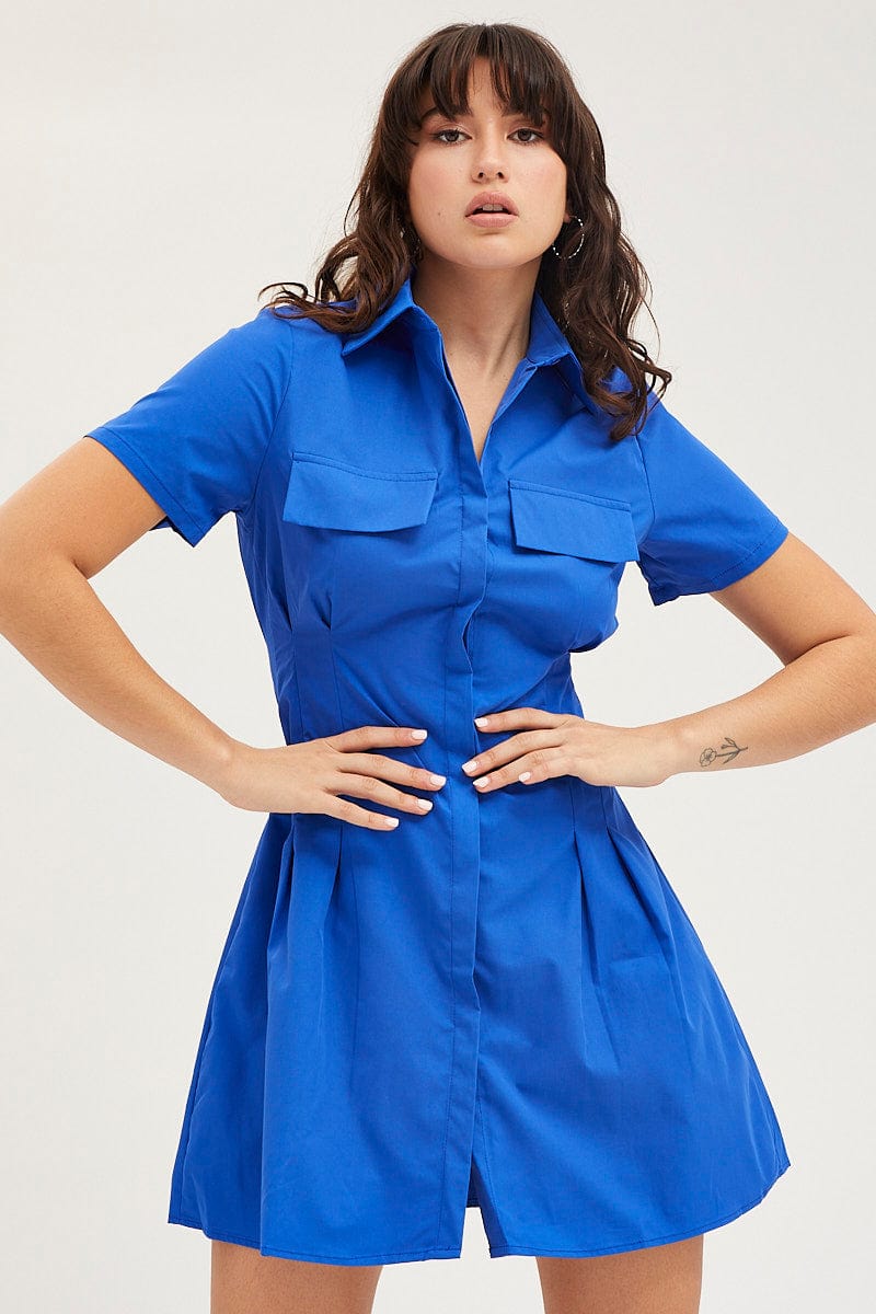 SKATER DRESS Blue Shirt Dress Short Sleeve Mini for Women by Ally