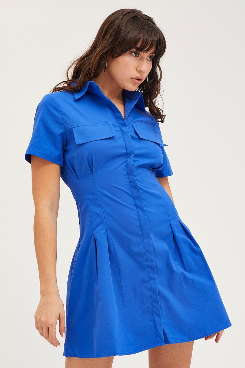 ContempoLA 90s Blue Tshirt Dress | Sporty Baseball Jersey Dress | Short Sleeve Flared Mini Shirtdress