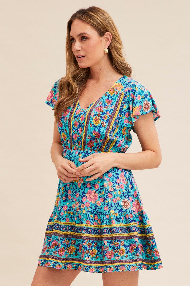 SKATER DRESS Boho Print Short Sleeve Button Front Skater Dress for Women by Ally