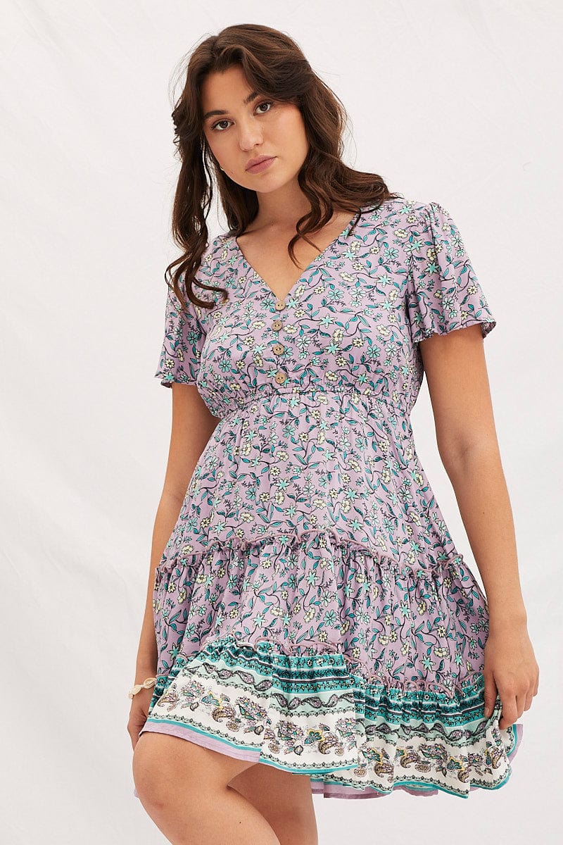 SKATER DRESS Boho Print V-Neck Short Sleeve Mini Skater Dress for Women by Ally