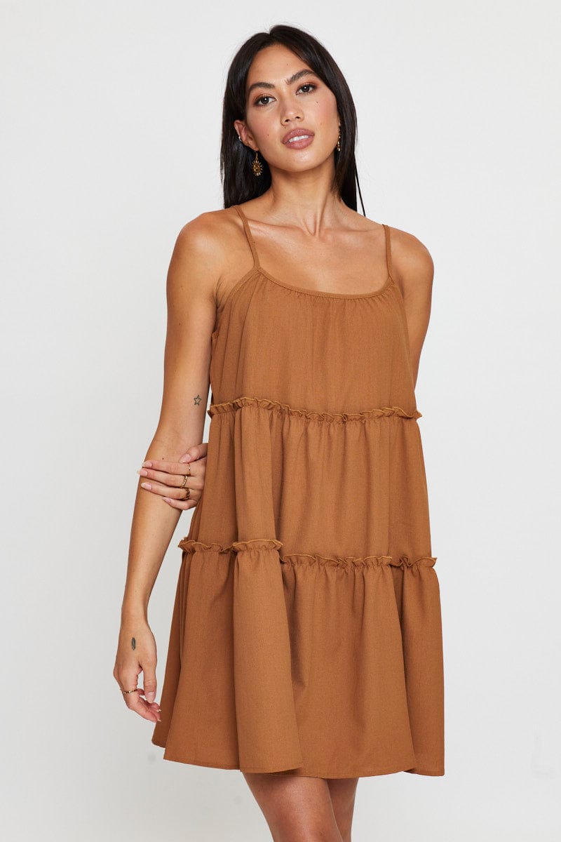 SKATER DRESS Brown Fit And Flare Dress Sleeveless Tie Shoulder for Women by Ally